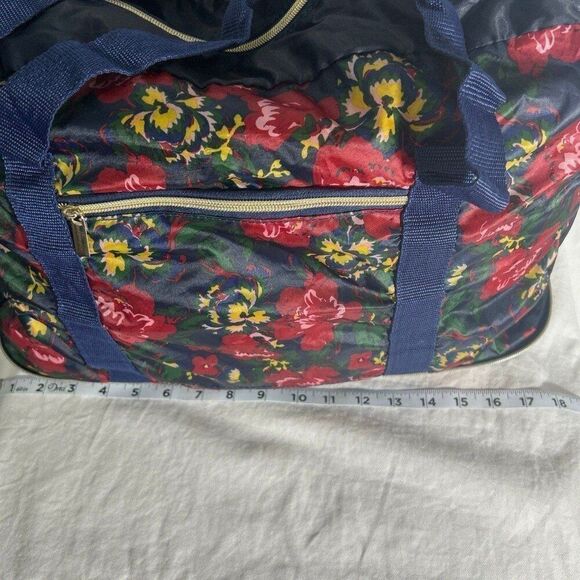 Convertible Stow-n-Go Bag, Navy Red Floral Print Packable Overnight Bag - Picture 4 of 11